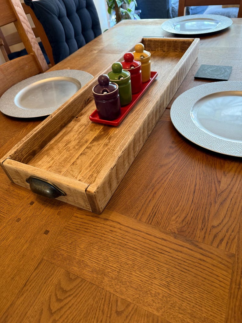 Handmade Reclaimed Wood Centerpiece Tray with Iron Handles or brass cup handles