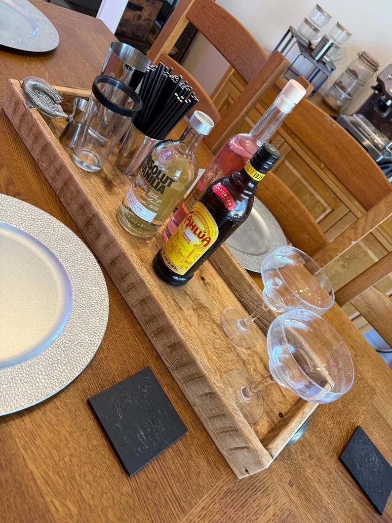 Handmade Reclaimed Wood Centerpiece Tray with Iron Handles or brass cup handles