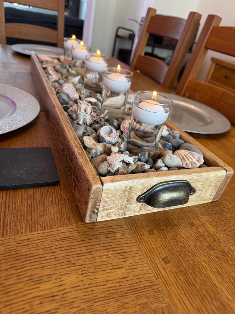 Handmade Reclaimed Wood Centerpiece Tray with Iron Handles or brass cup handles