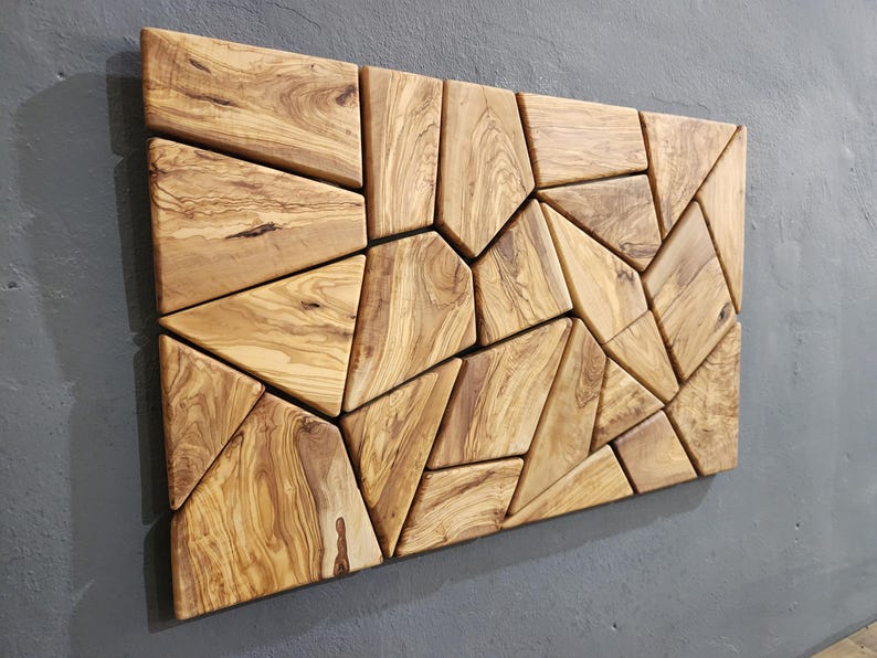 Olive Wood Mosaic Wall Art: Geometric Wooden Wall Panel
