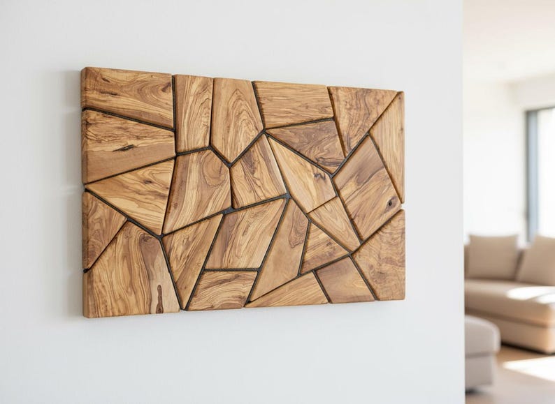 Olive Wood Mosaic Wall Art: Geometric Wooden Wall Panel