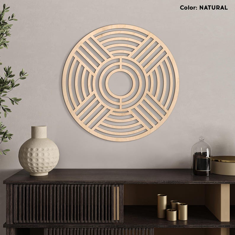 Round Wood Wall Art, Modern Geometric Wall Decor, Circle Wood Panel Art, Large Boho Wall Accent, Abstract Wood Wall Hanging