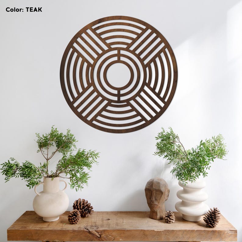 Round Wood Wall Art, Modern Geometric Wall Decor, Circle Wood Panel Art, Large Boho Wall Accent, Abstract Wood Wall Hanging