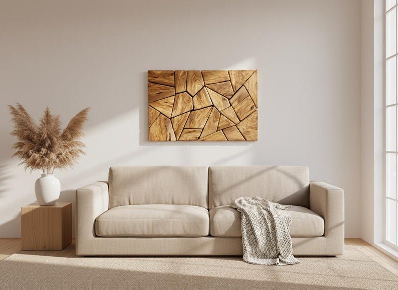 Olive Wood Mosaic Wall Art: Geometric Wooden Wall Panel