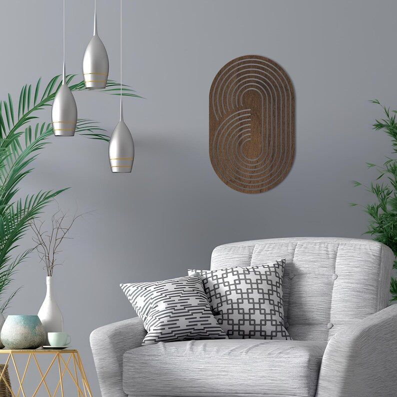 Boho Wooden Wall Art, Ellipse Wood Wall Decor, Abstract Geometric Wall Art, Oval Wall Wooden Hanging, Mid Century Modern Wall Art