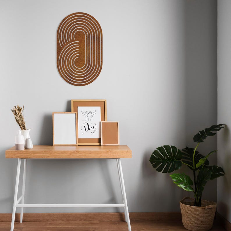 Boho Wooden Wall Art, Ellipse Wood Wall Decor, Abstract Geometric Wall Art, Oval Wall Wooden Hanging, Mid Century Modern Wall Art